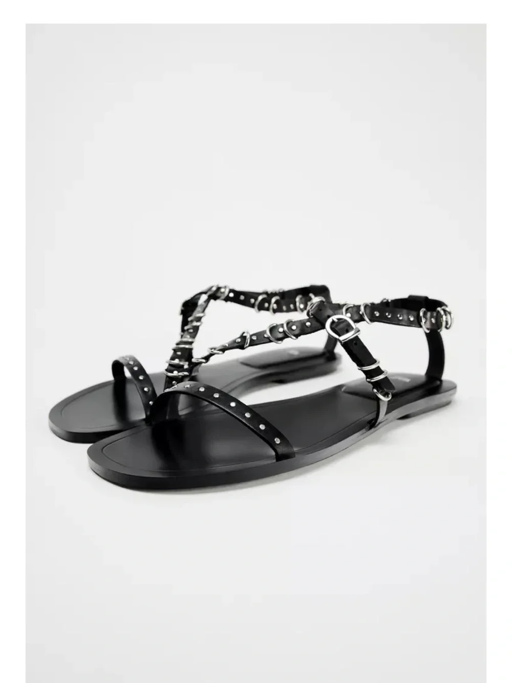 ZARA Black Leather Ring-Detail Stud Yassi Sandals, SZ 38